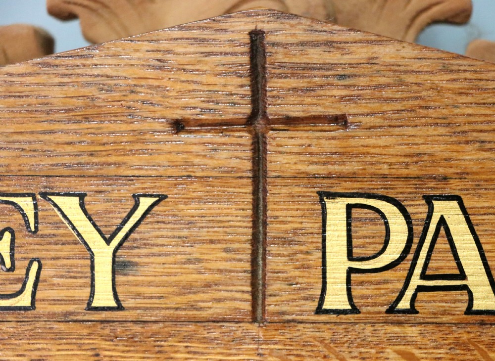 An unusual late Victorian gothic oak church notice board sign written Vicar of Dibley View XI