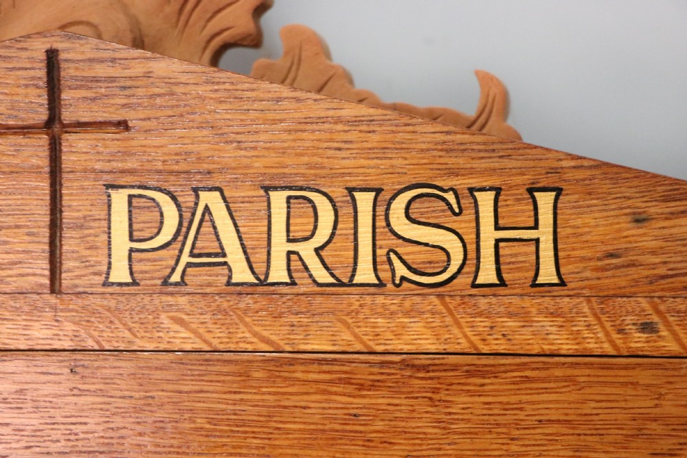 An unusual late Victorian gothic oak church notice board sign written Vicar of Dibley View XII