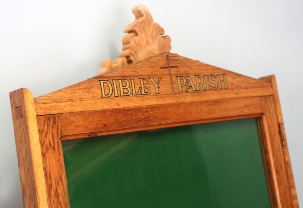 An unusual late Victorian gothic oak church notice board sign written Vicar of Dibley View XIII