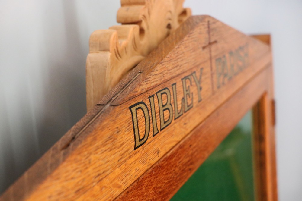 An unusual late Victorian gothic oak church notice board sign written Vicar of Dibley View XIV