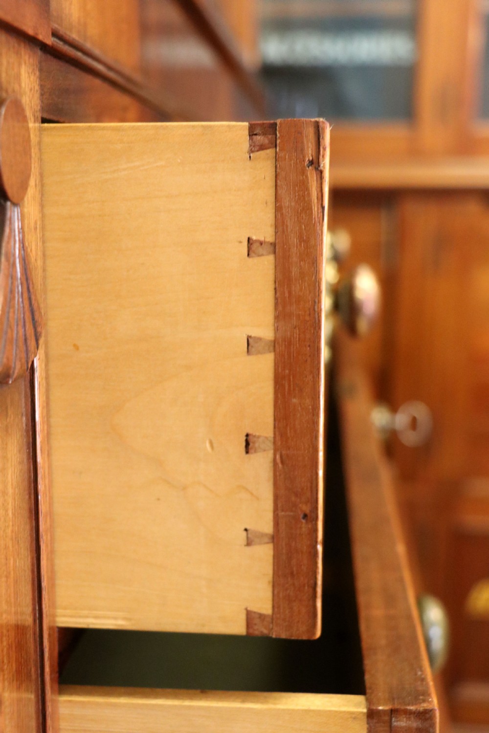 A nineteenth-century flame mahogany chest of drawers with two short and three long graduated drawers, decorative brass handles, and turned legs on castors. View XV