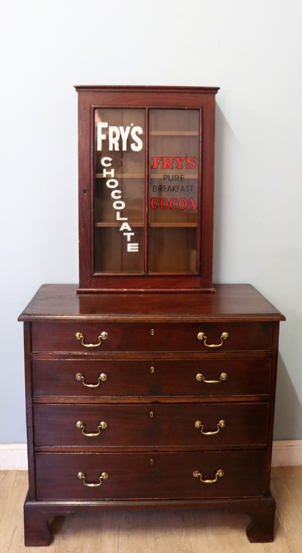 A 19th century mahogany shop display cabinet later sign written for Fry’s cocoa. View III