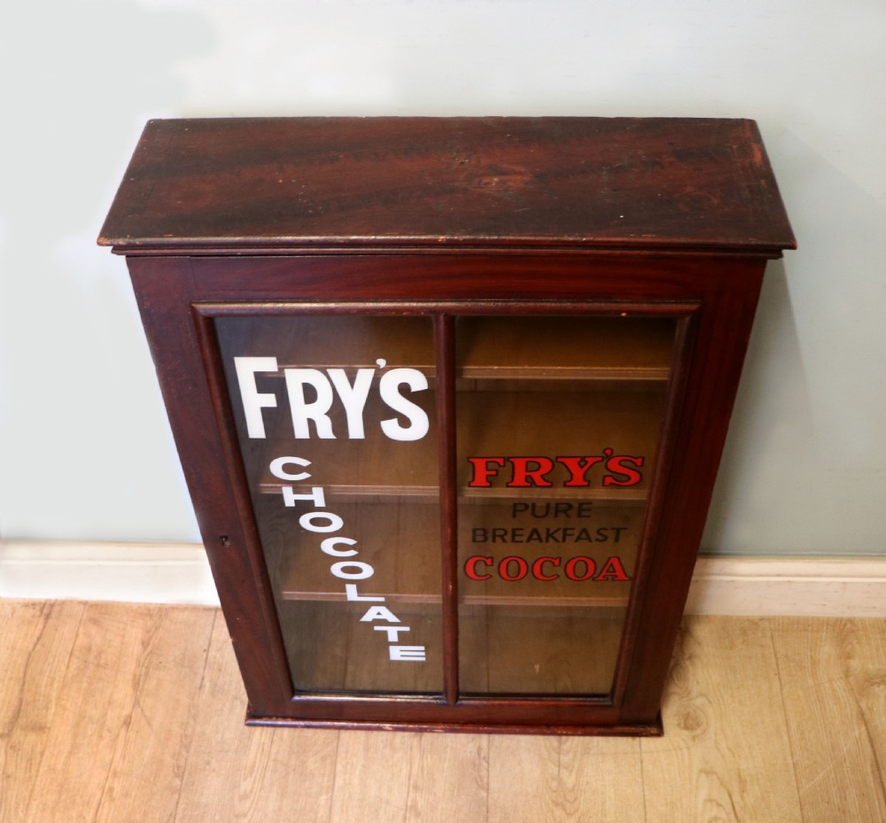 A 19th century mahogany shop display cabinet later sign written for Fry’s cocoa. View X