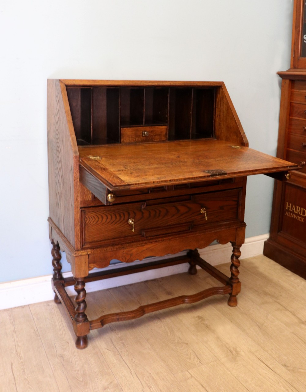An absolutely charming Jacobean revival oak bureau. View V