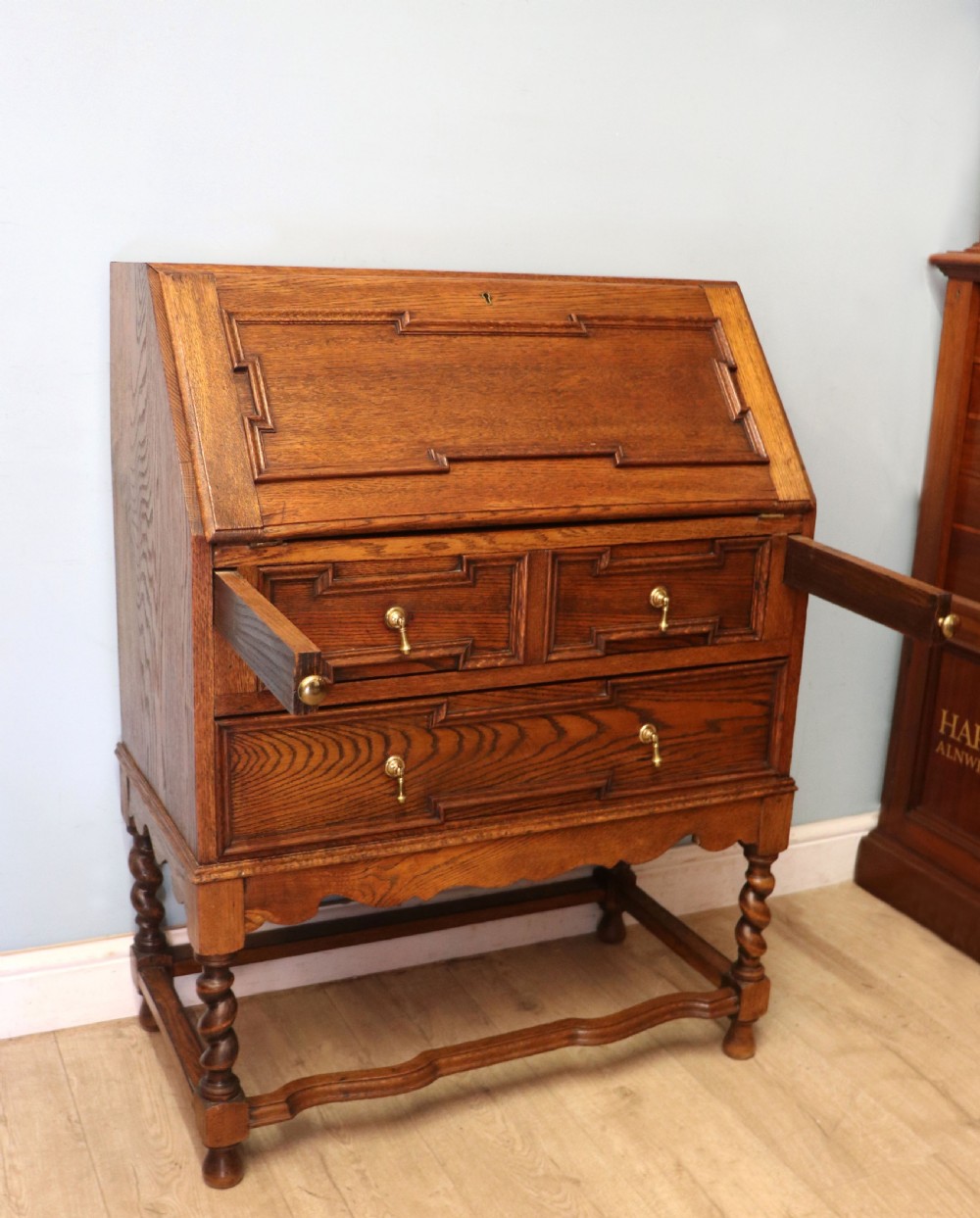 An absolutely charming Jacobean revival oak bureau. View VI