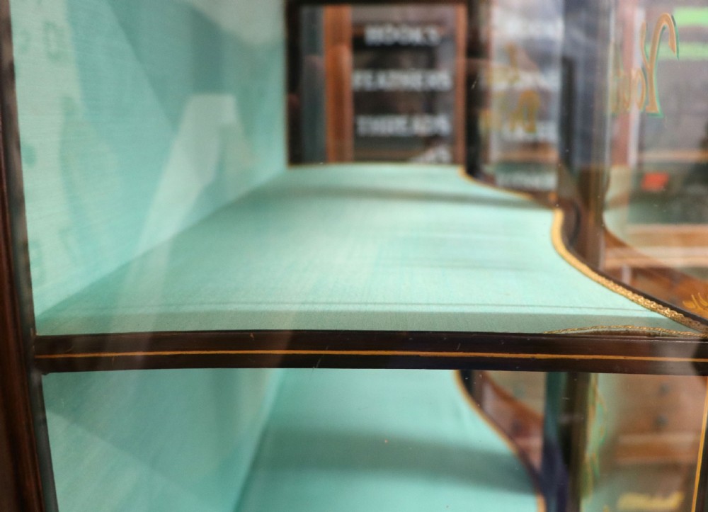 An Edwardian mahogany display cabinet featuring double glazed doors with gold sign-written perfume brand names against a turquoise painted interior. View XXVIII