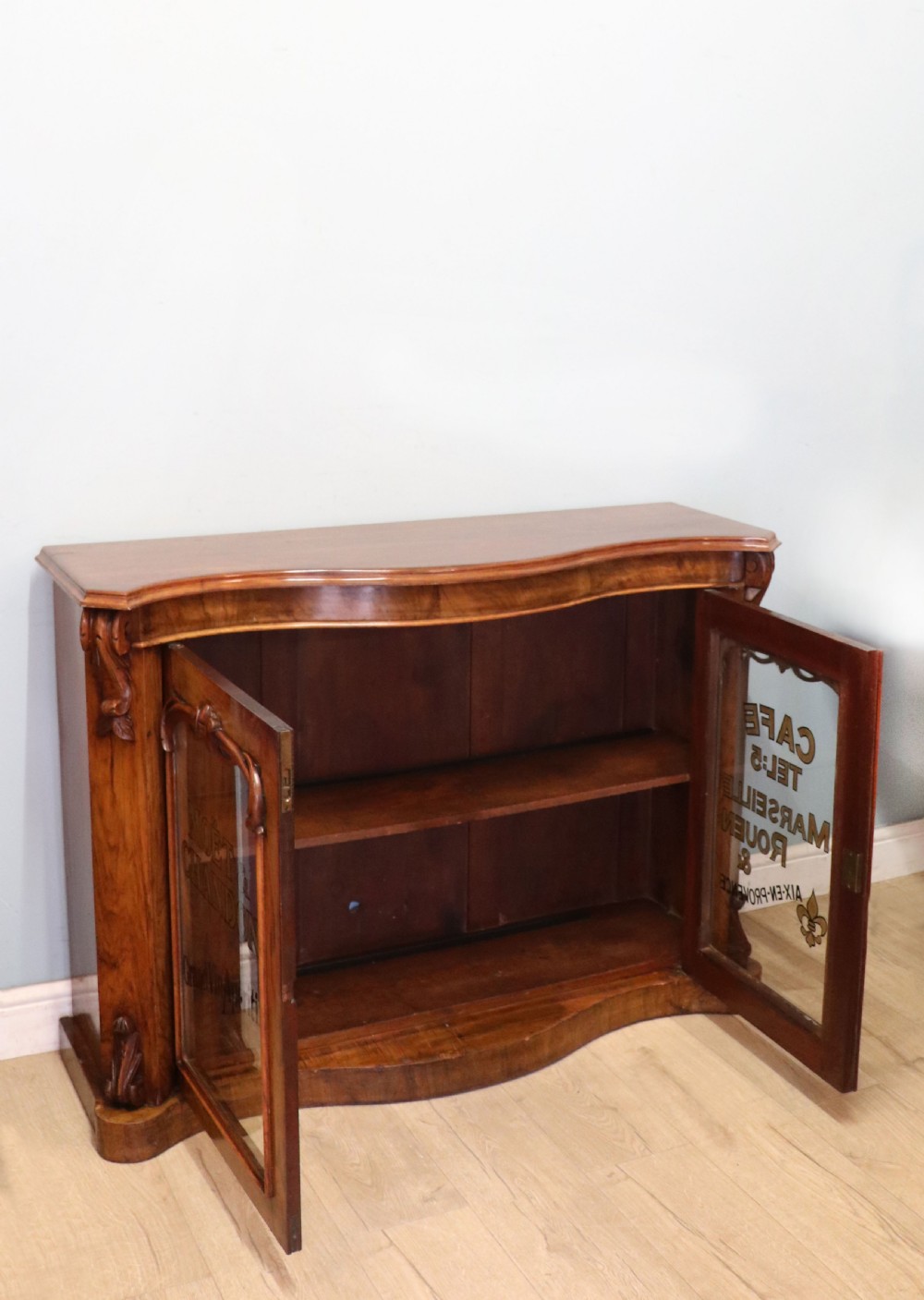  A lovely Victorian walnut & mahogany veneered sideboard of serpentine form. View V