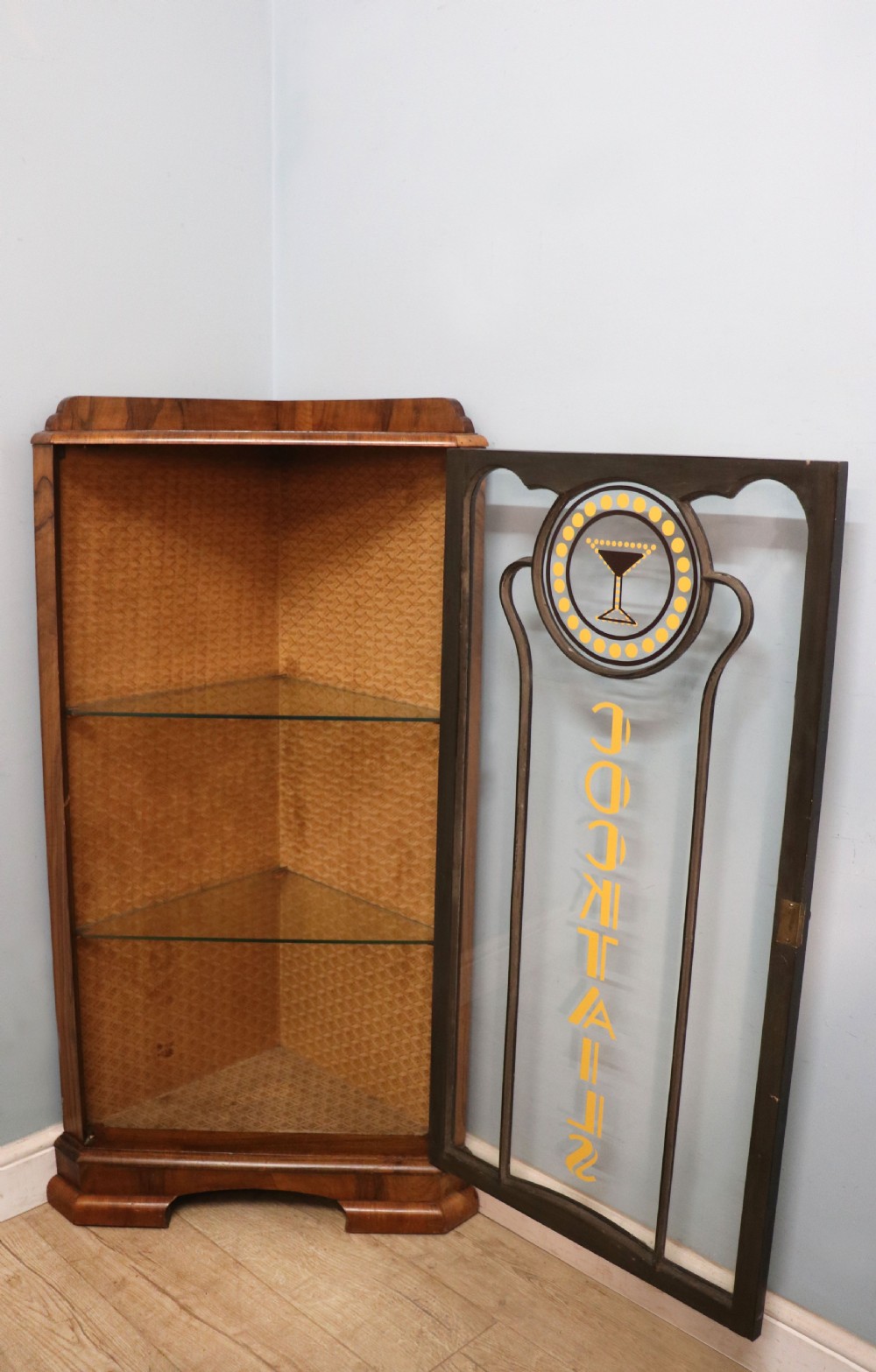 Art Deco period corner display cabinet later sign written for Cocktails. View III