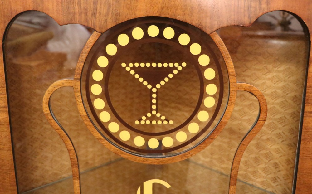 Art Deco period corner display cabinet later sign written for Cocktails. View IX