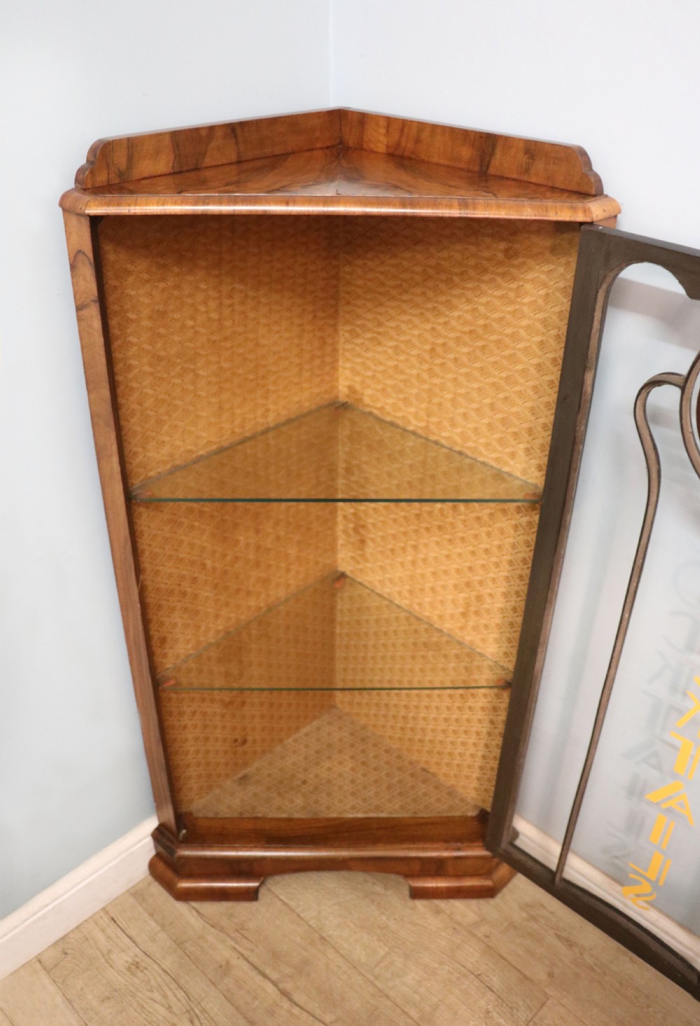 Art Deco period corner display cabinet later sign written for Cocktails. View XVIII