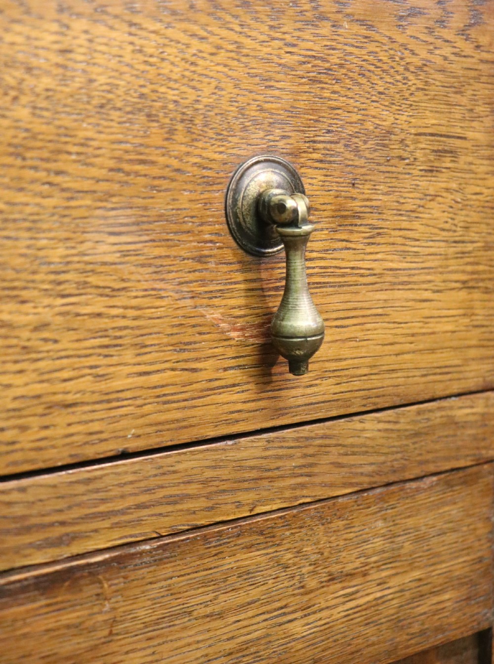 A late Victorian oak bureau in the Arts and Crafts style.  View XXIX
