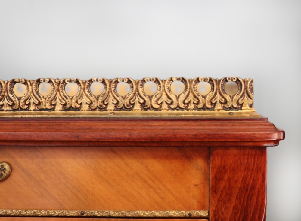 A French Vernis Martin style mahogany vitrine cabinet featuring a brass top gallery, glass shelves, red fabric lining, and a glazed door with gilded lettering. View VIII