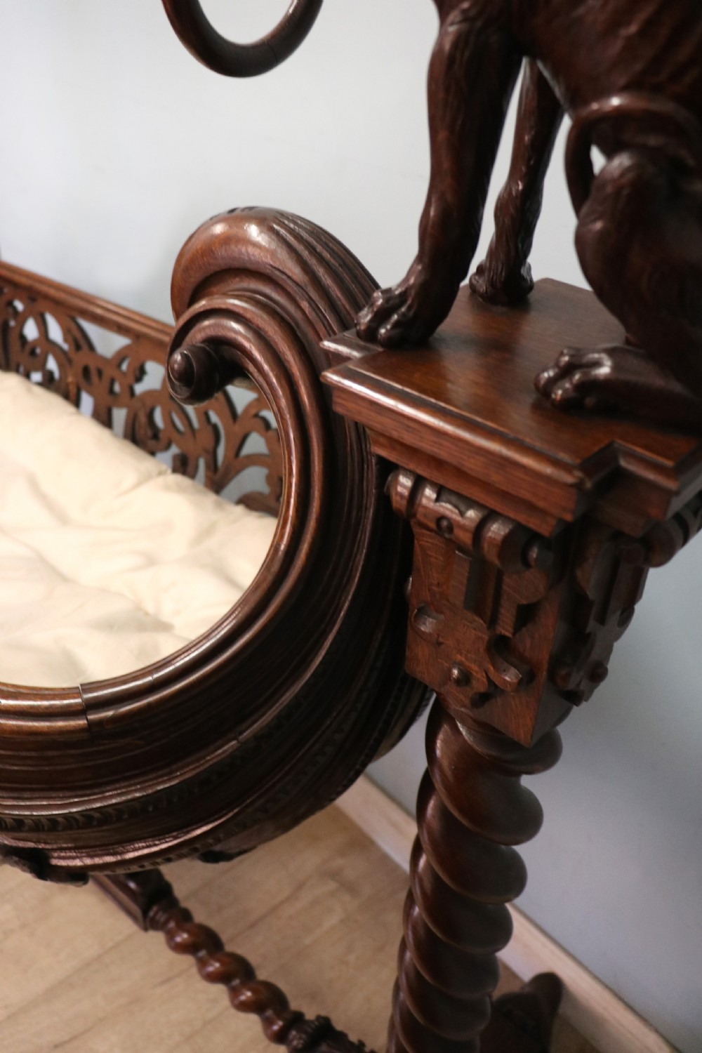 A lovely Victorian rocking baby’s crib with the finest elaborate pierced fretwork oak frame. View XXVI