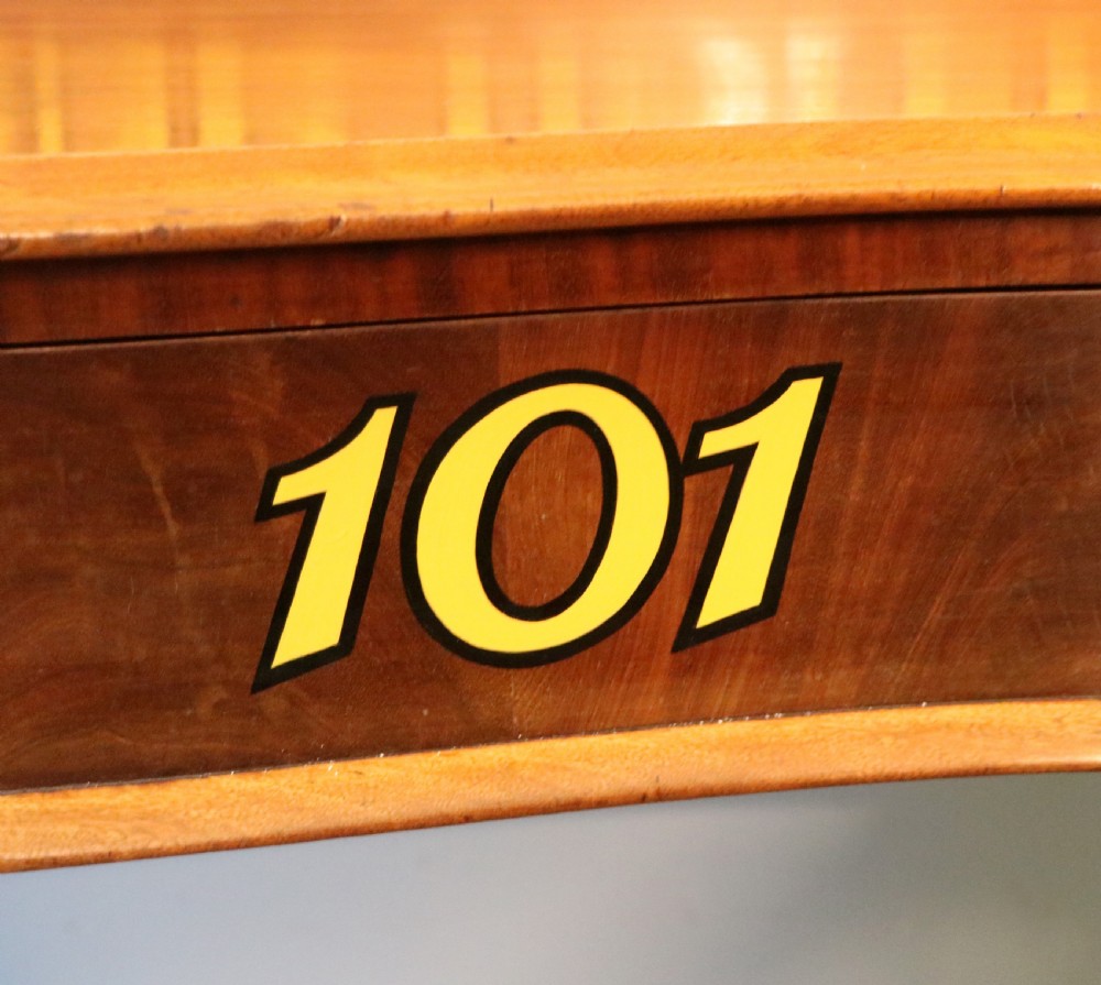 A Victorian mahogany console table with turned legs, a low gallery back, and yellow painted lettering reading Midland Grand Hotel Room 101. View XIII
