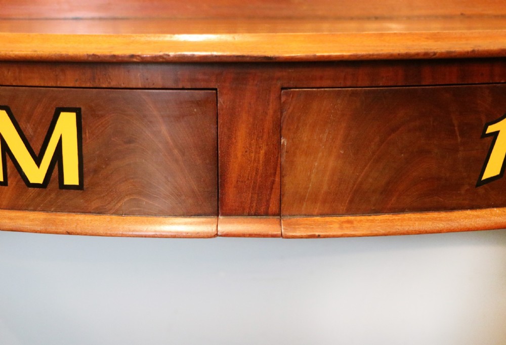 A Victorian mahogany console table with turned legs, a low gallery back, and yellow painted lettering reading Midland Grand Hotel Room 101. View XVIII