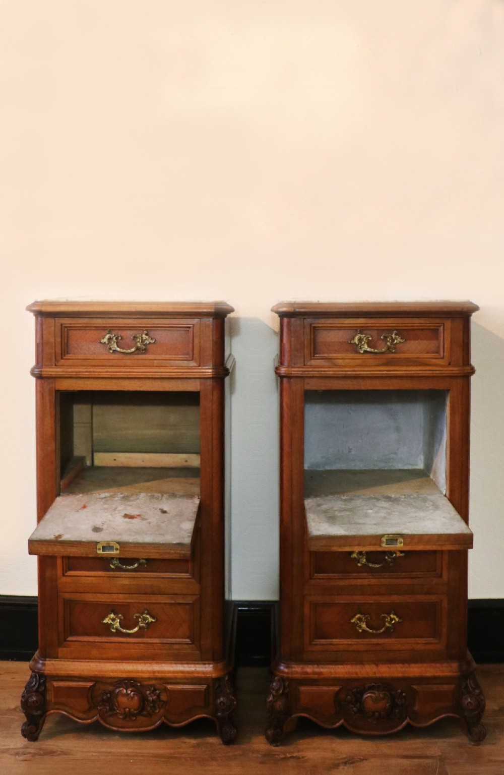 A truly stunning, wonderful & rare pair of 19th Century French bedside cabinets!   View V