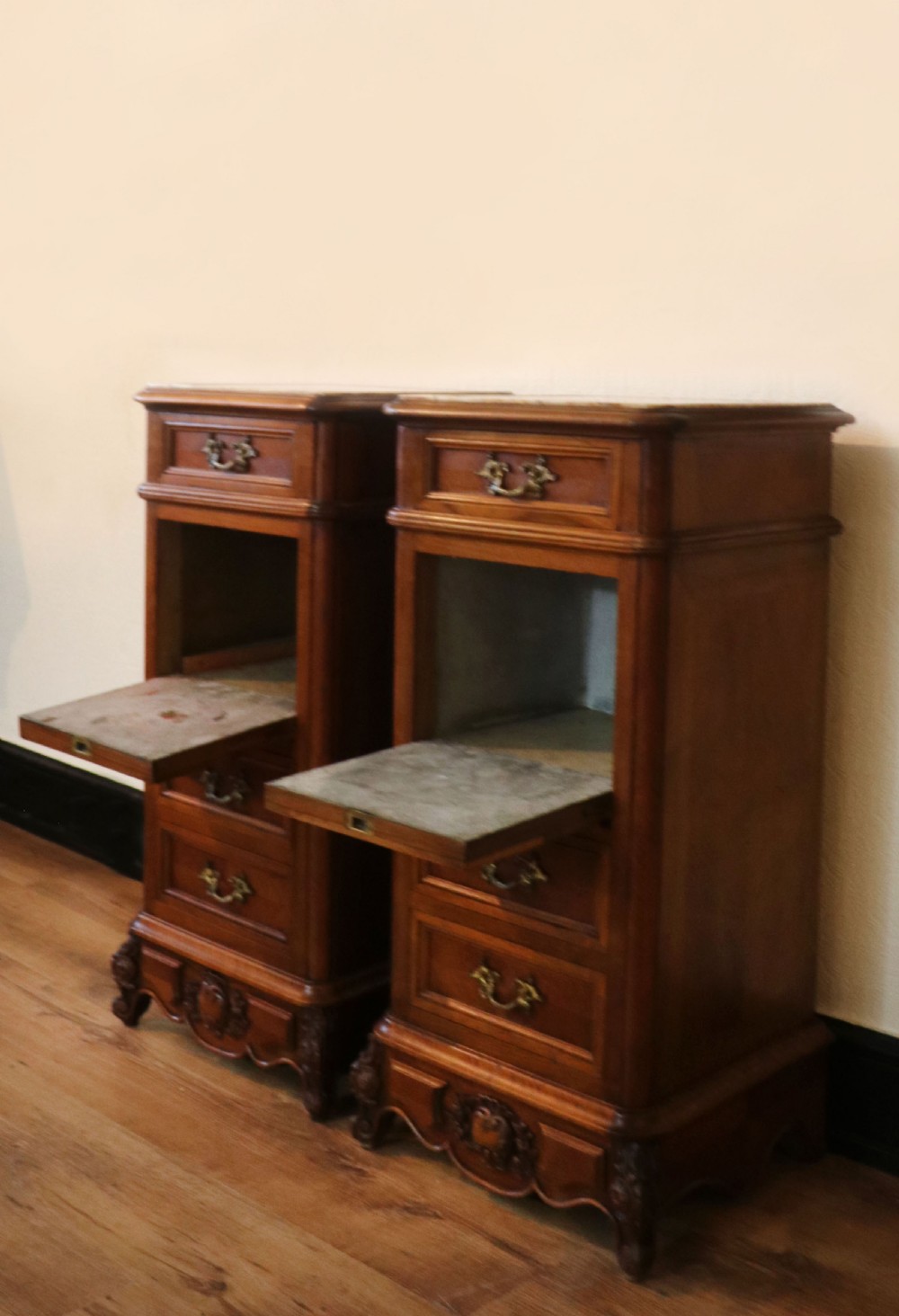 A truly stunning, wonderful & rare pair of 19th Century French bedside cabinets!   View VII