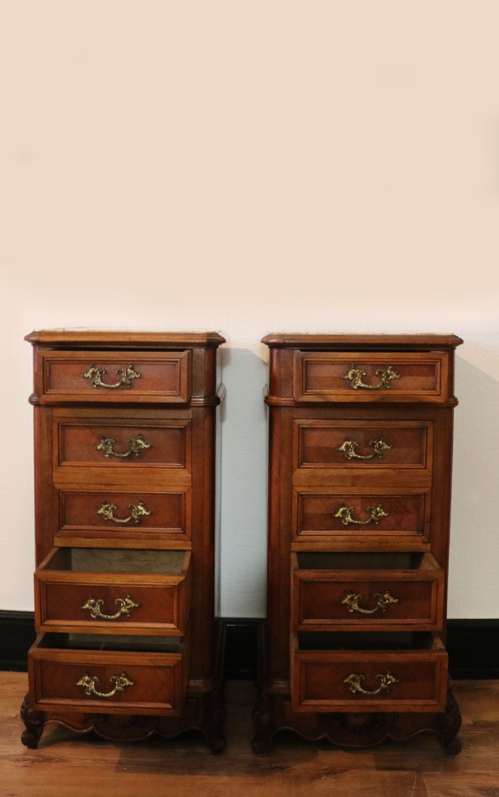 A truly stunning, wonderful & rare pair of 19th Century French bedside cabinets!   View VIII