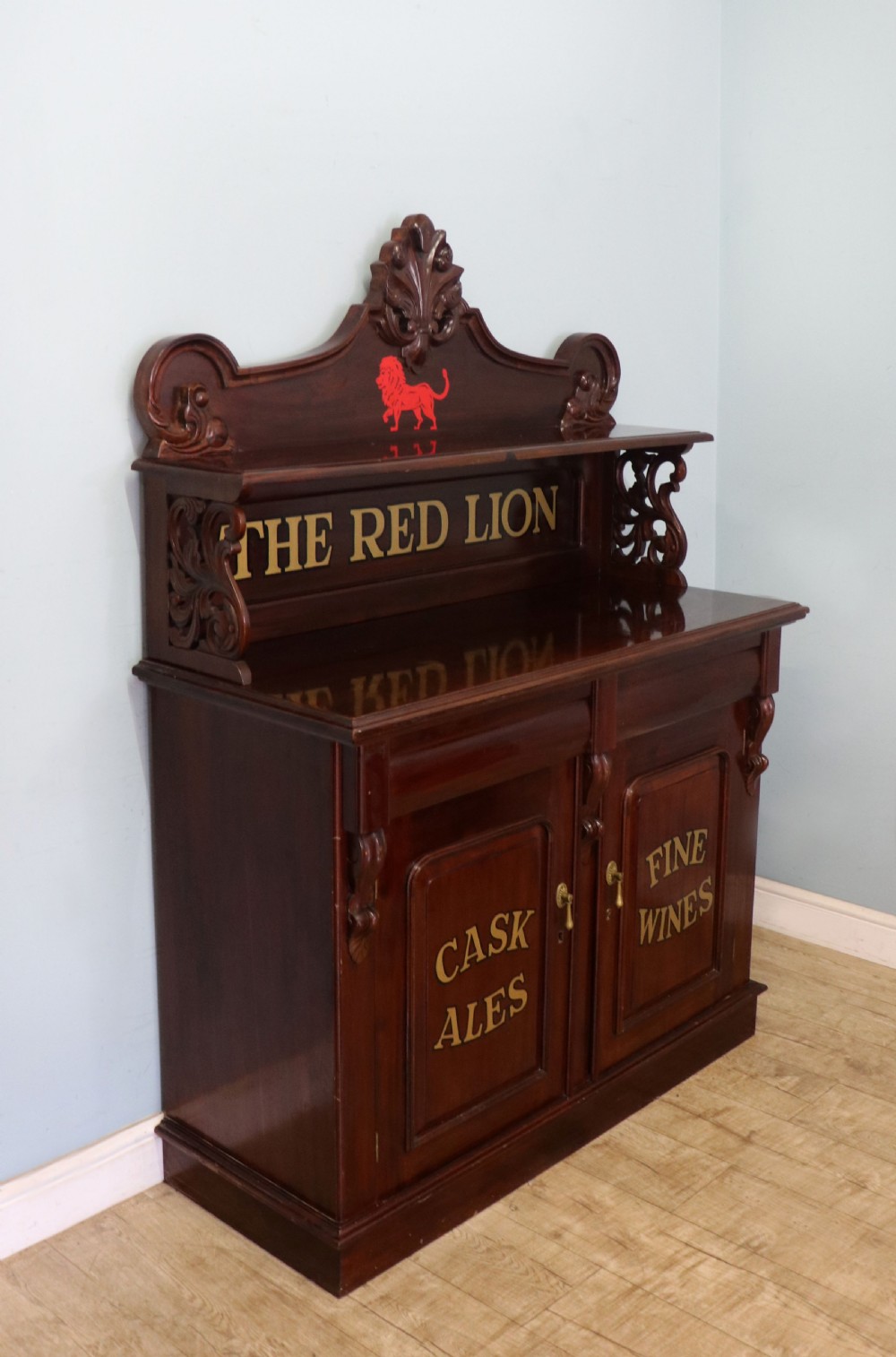 A Victorian mahogany chiffonier sideboard featuring hand-painted Red Lion pub lettering on the upper shelf back and lower cupboard doors. View IV