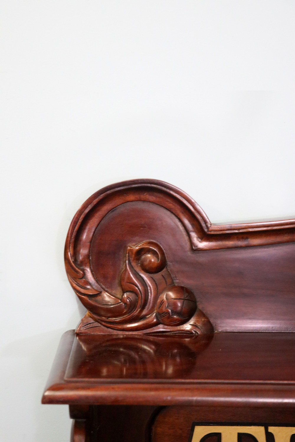 A Victorian mahogany chiffonier sideboard featuring hand-painted Red Lion pub lettering on the upper shelf back and lower cupboard doors. View IX