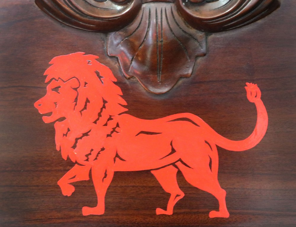 A Victorian mahogany chiffonier sideboard featuring hand-painted Red Lion pub lettering on the upper shelf back and lower cupboard doors. View X