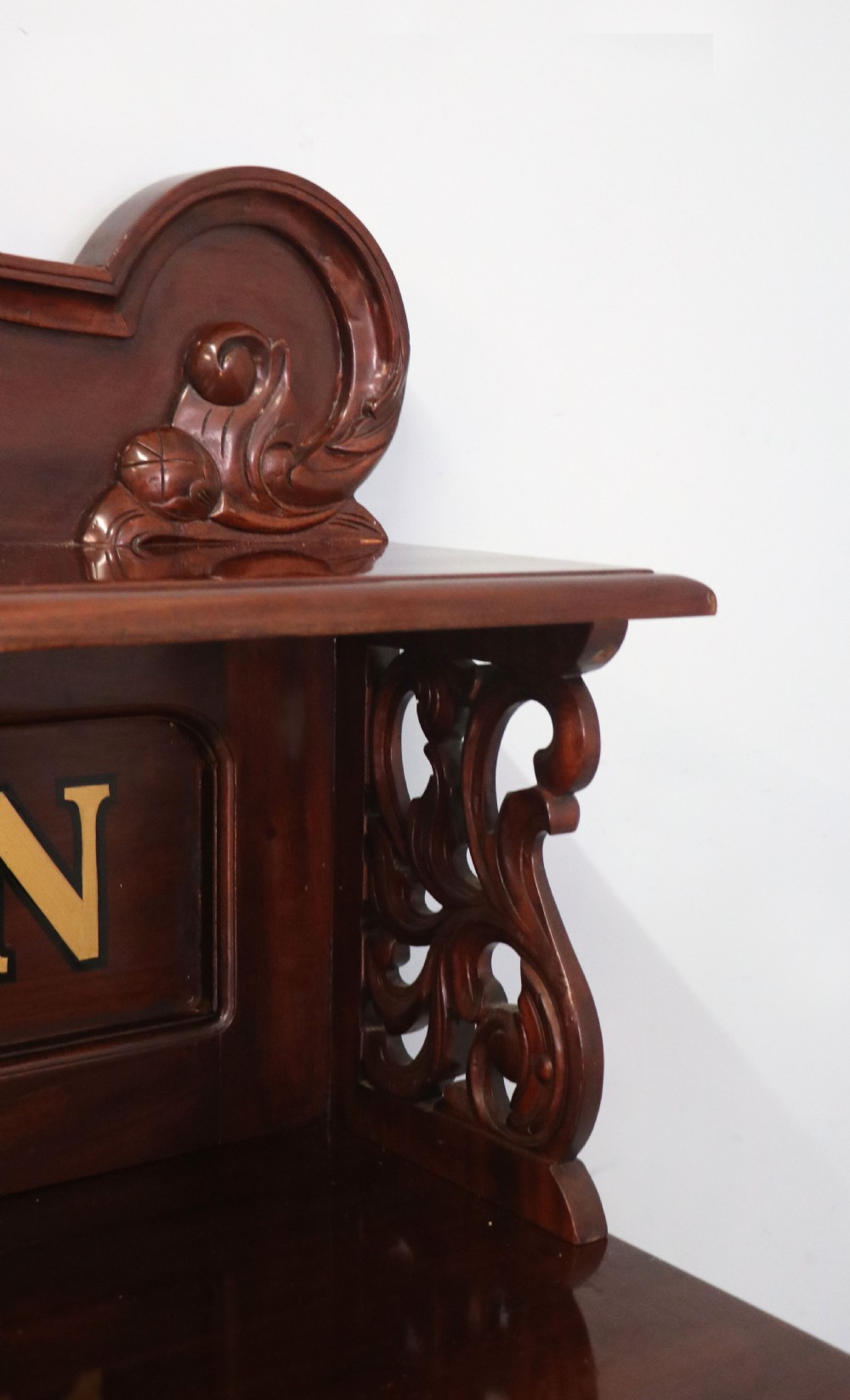 A Victorian mahogany chiffonier sideboard featuring hand-painted Red Lion pub lettering on the upper shelf back and lower cupboard doors. View XI