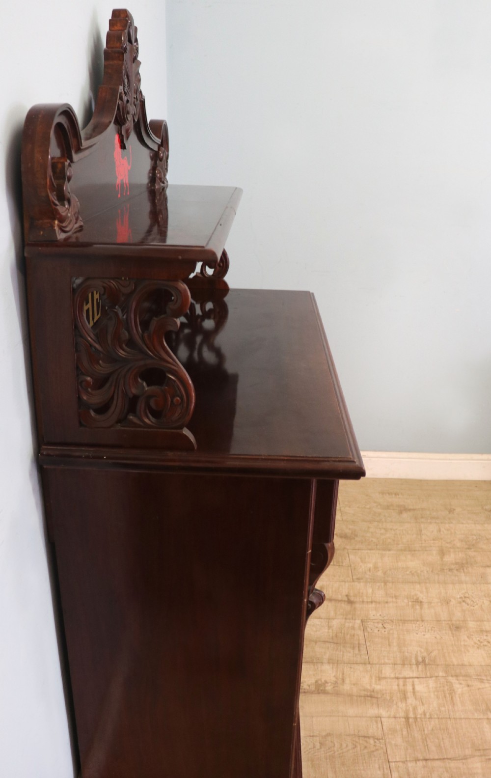 A Victorian mahogany chiffonier sideboard featuring hand-painted Red Lion pub lettering on the upper shelf back and lower cupboard doors. View XVI