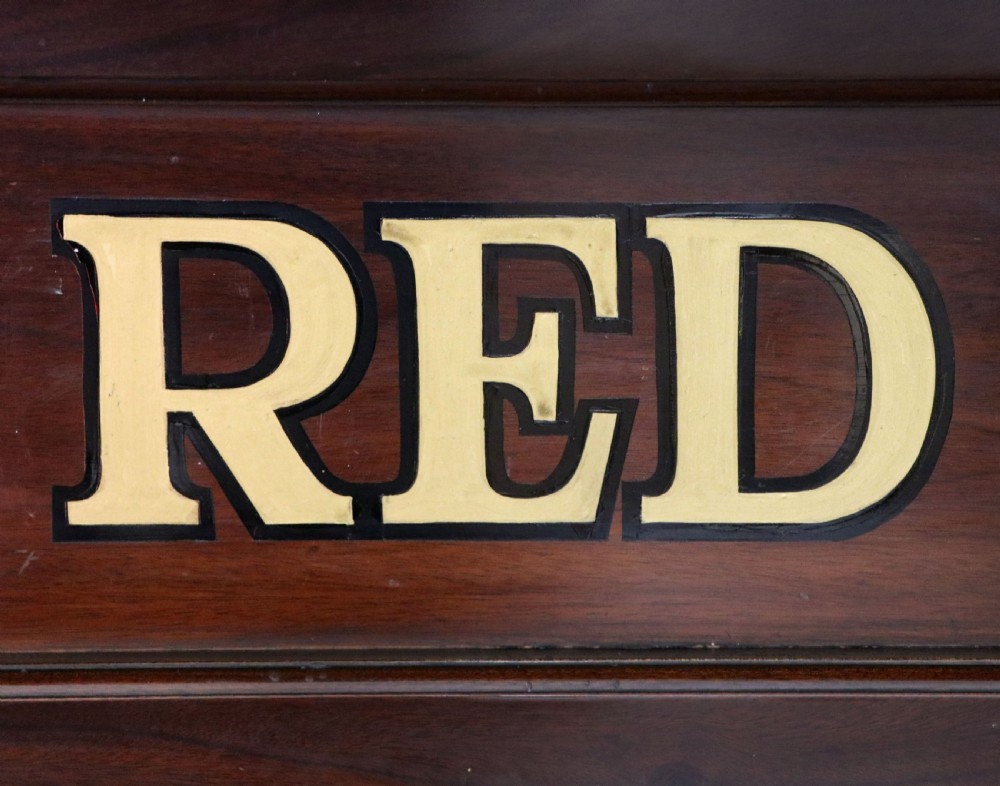 A Victorian mahogany chiffonier sideboard featuring hand-painted Red Lion pub lettering on the upper shelf back and lower cupboard doors. View XX