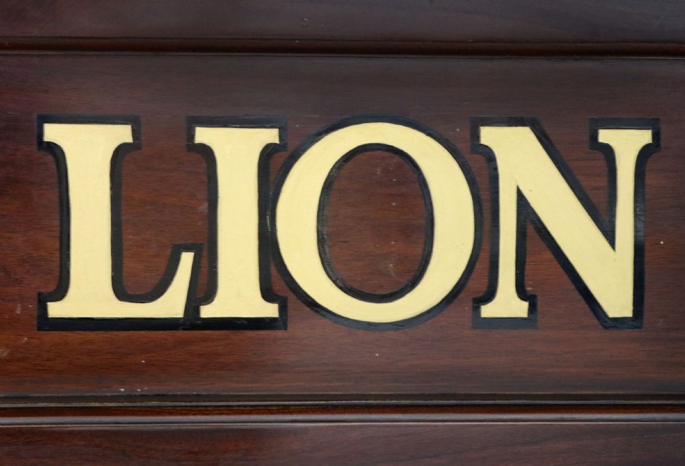 A Victorian mahogany chiffonier sideboard featuring hand-painted Red Lion pub lettering on the upper shelf back and lower cupboard doors. View XXI