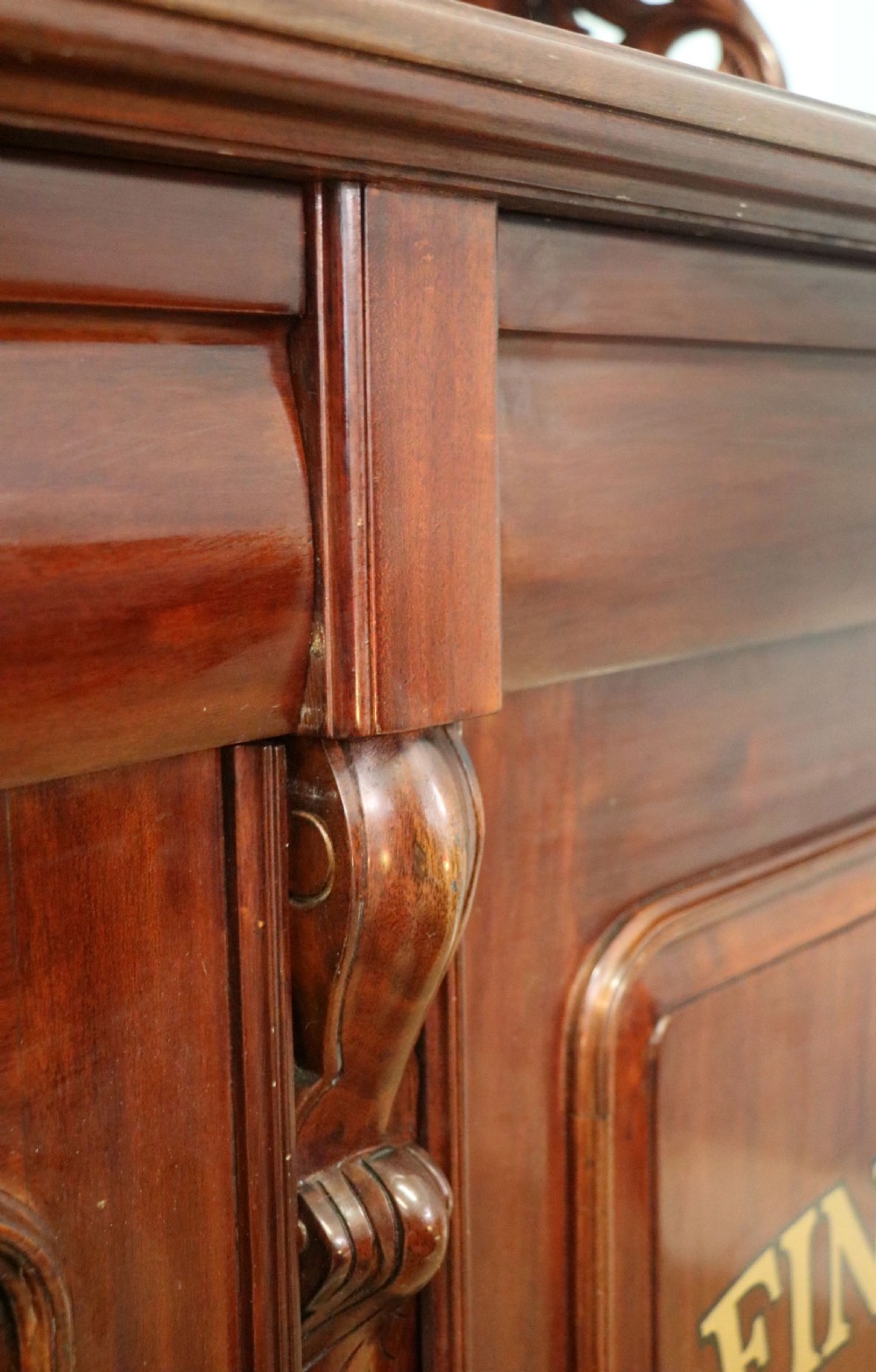 A Victorian mahogany chiffonier sideboard featuring hand-painted Red Lion pub lettering on the upper shelf back and lower cupboard doors. View XXIII