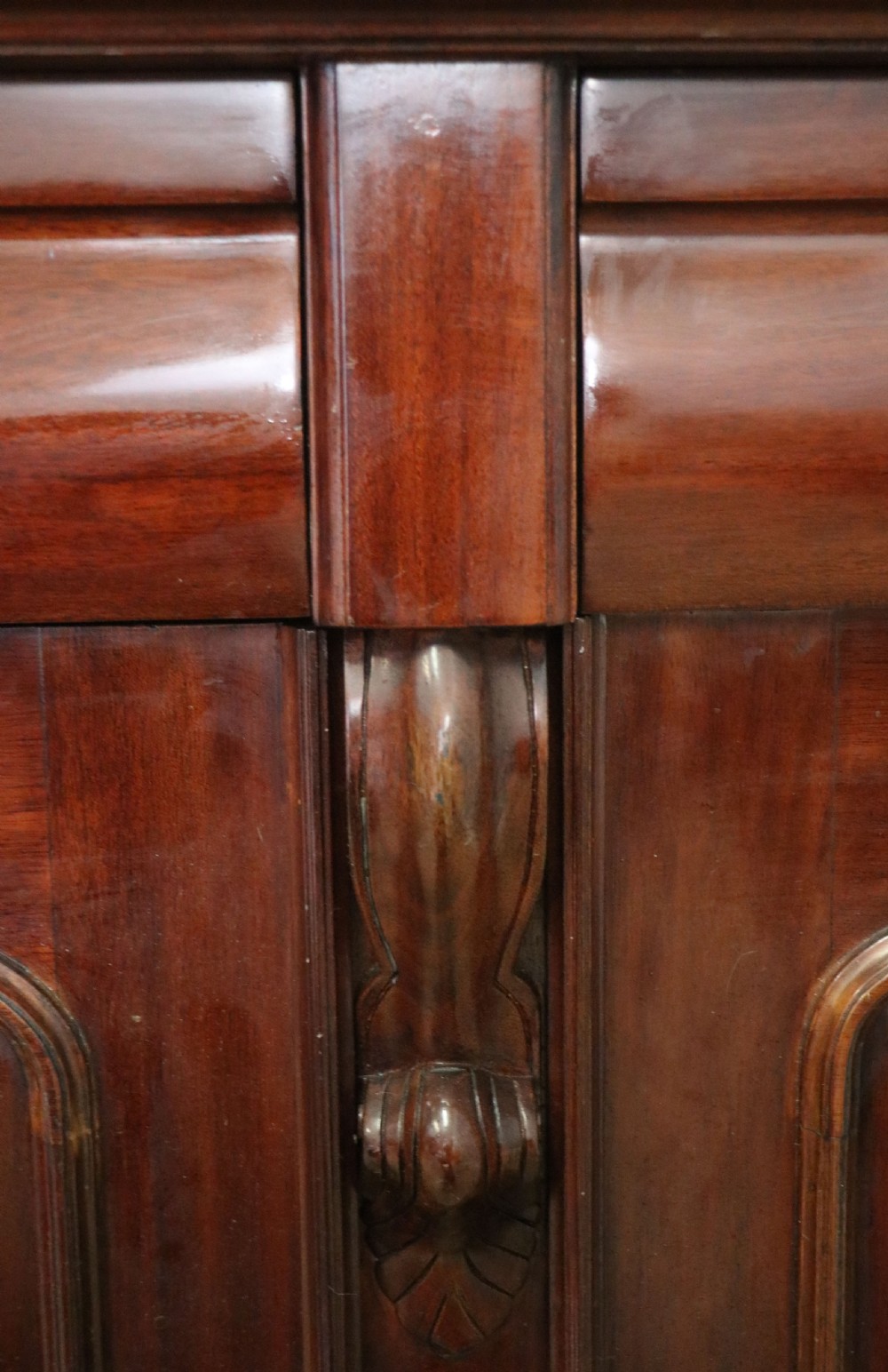 A Victorian mahogany chiffonier sideboard featuring hand-painted Red Lion pub lettering on the upper shelf back and lower cupboard doors. View XXIV