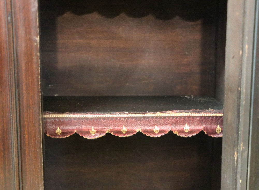 A dark mahogany Victorian display cabinet featuring glazed doors painted with Frys Cocoa and Chocolate advertising typography. View VIII
