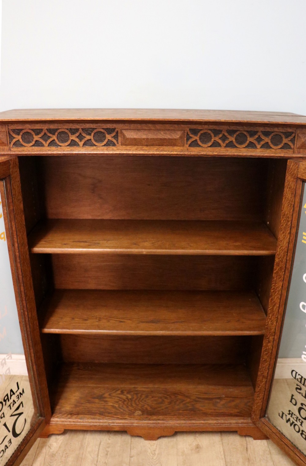 A simply charming 1930’s oak framed and glazed two door bookcase or display cabinet. View XXIV