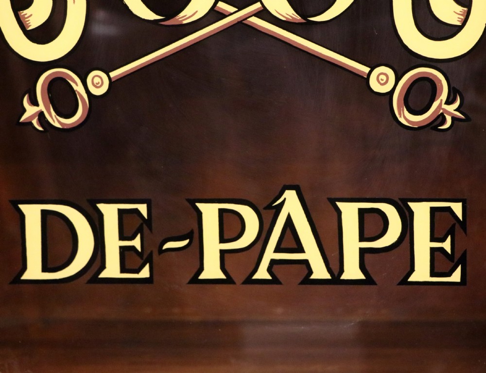 An early 20th-century French wooden display cabinet featuring a marble top, cabriole legs, gilt bronze mounts, and glass doors with hand-painted Chateauneuf-du-Pape lettering. View X