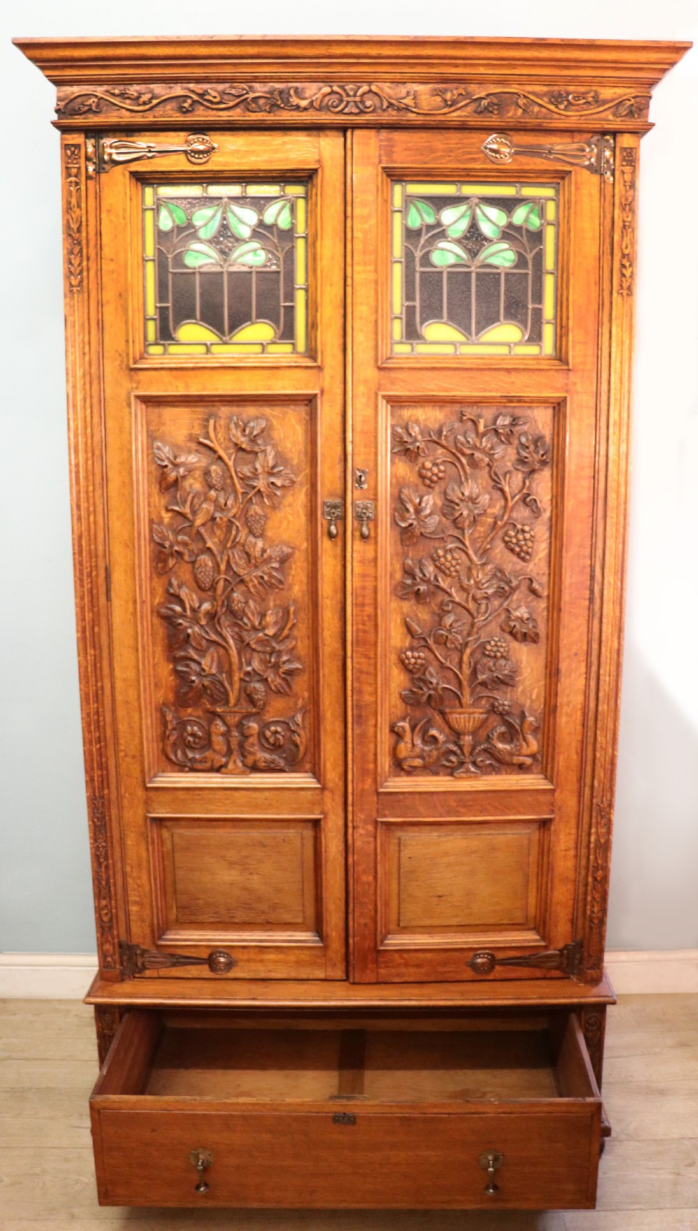 A truly wonderful late 19th century ‘one off’ craftsman built light oak wardrobe.  View II