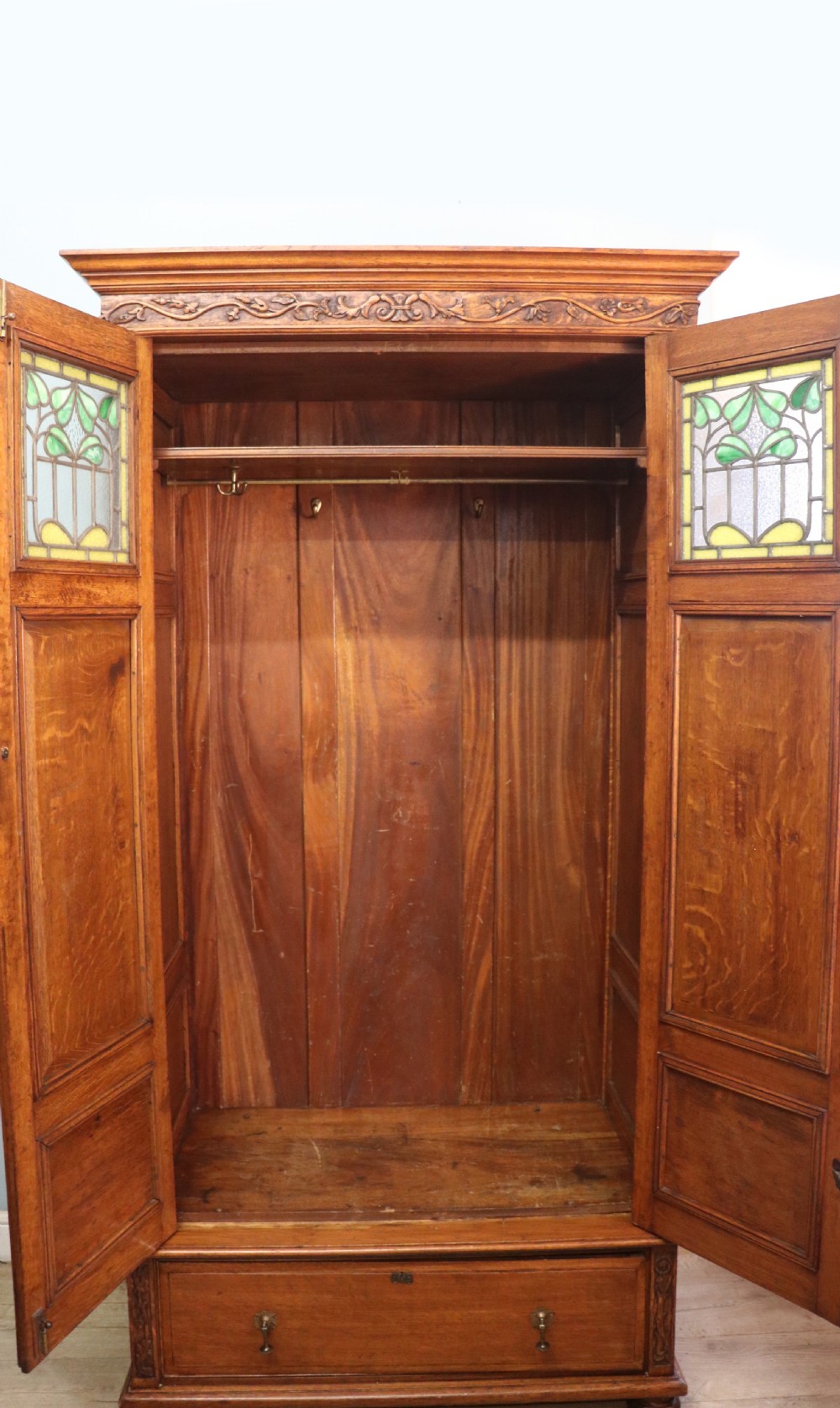 A truly wonderful late 19th century ‘one off’ craftsman built light oak wardrobe.  View III