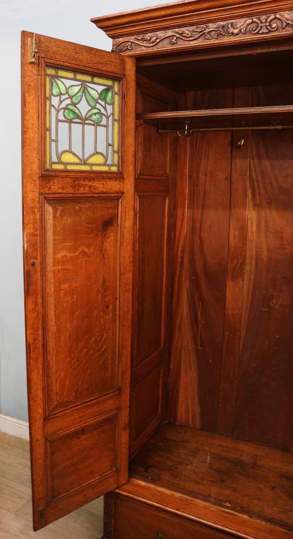 A truly wonderful late 19th century ‘one off’ craftsman built light oak wardrobe.  View XXIV