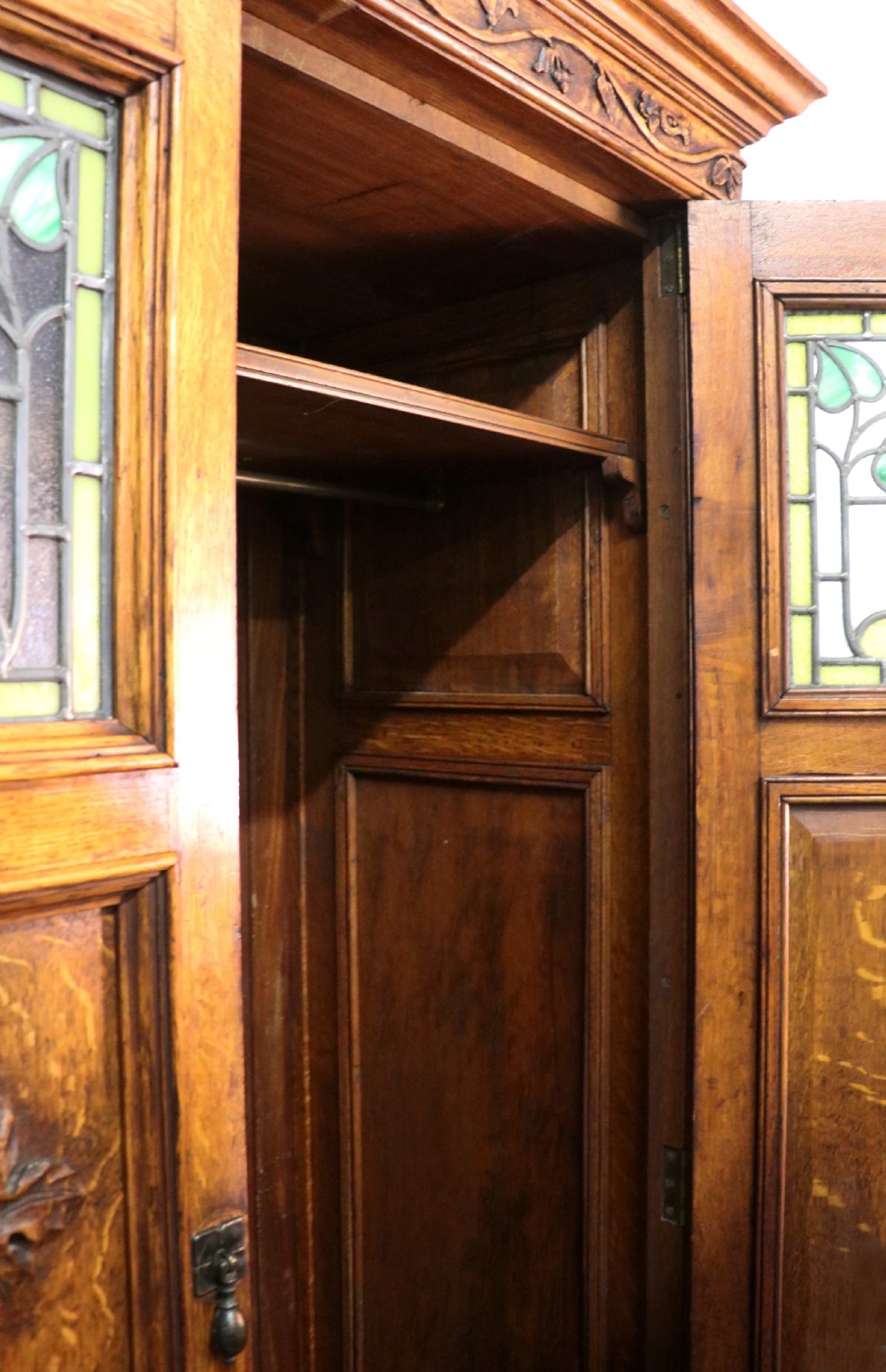 A truly wonderful late 19th century ‘one off’ craftsman built light oak wardrobe.  View XXVII