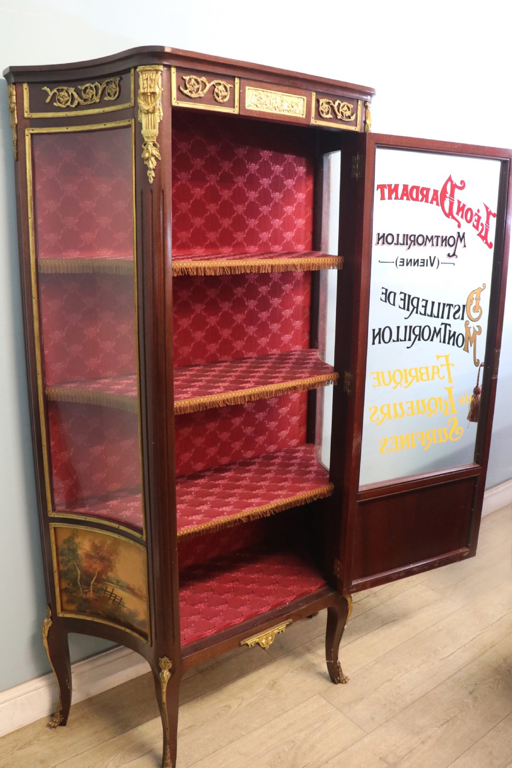 A very fine 20th century Vernis Martin style vitrine display cabinet, later sign written for Leon Dardant distillery of Vienna. View V