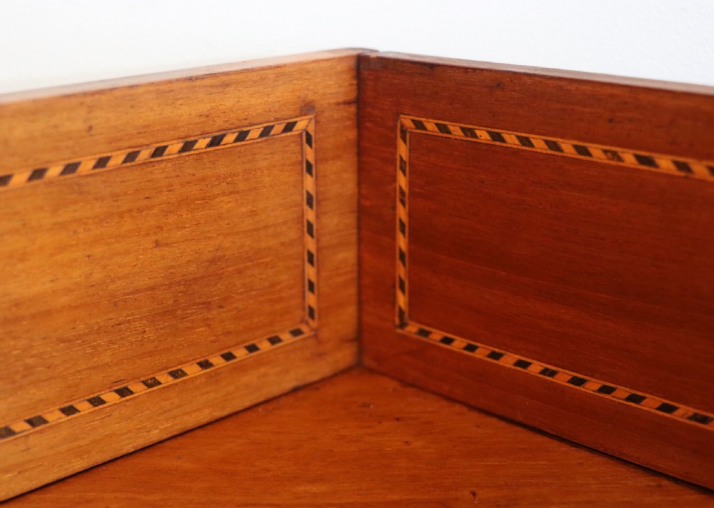 A lovely small Edwardian mahogany and inlaid corner display cabinet.  View IX