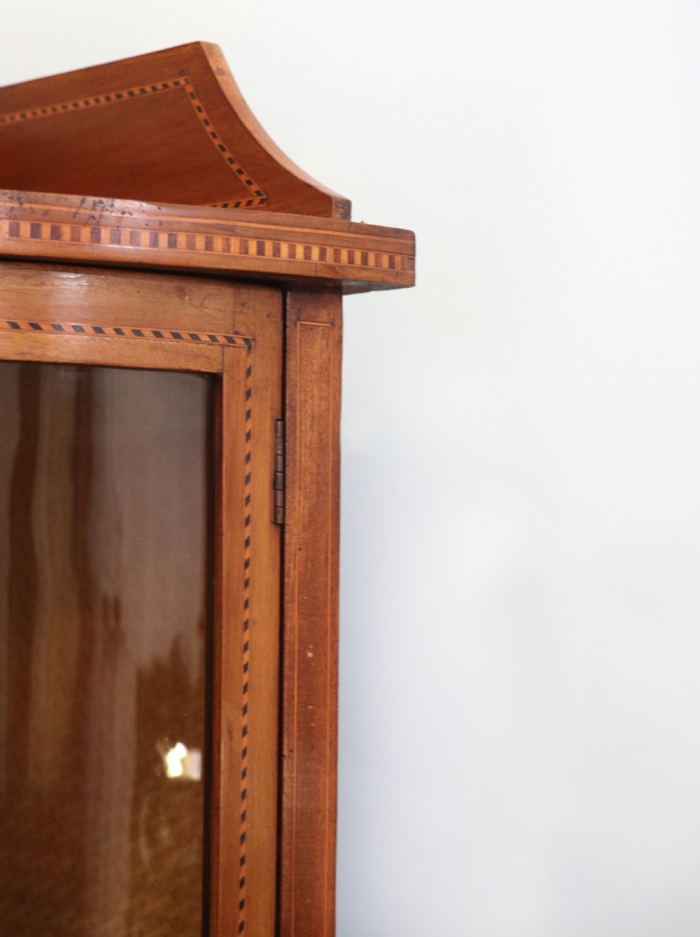  A lovely small Edwardian mahogany and inlaid corner display cabinet.  View X