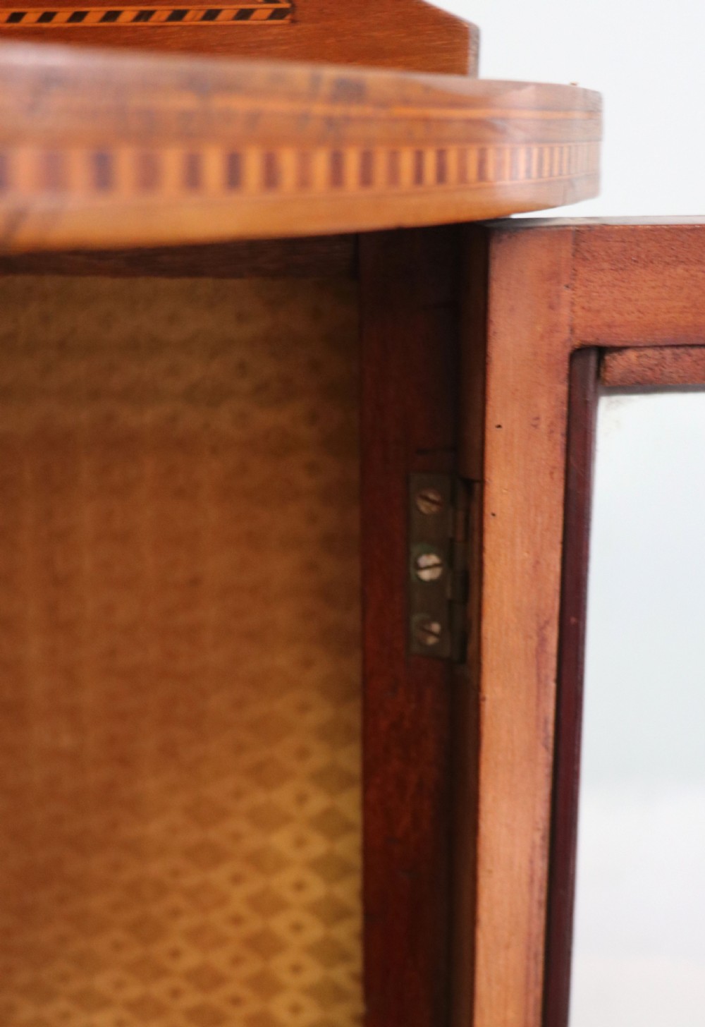  A lovely small Edwardian mahogany and inlaid corner display cabinet.  View XIII