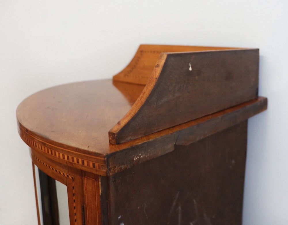  A lovely small Edwardian mahogany and inlaid corner display cabinet.  View XIV