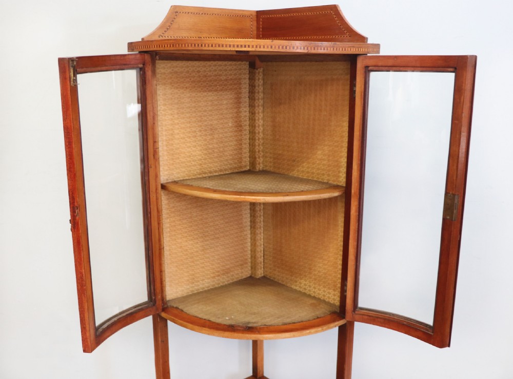  A lovely small Edwardian mahogany and inlaid corner display cabinet.  View XVII