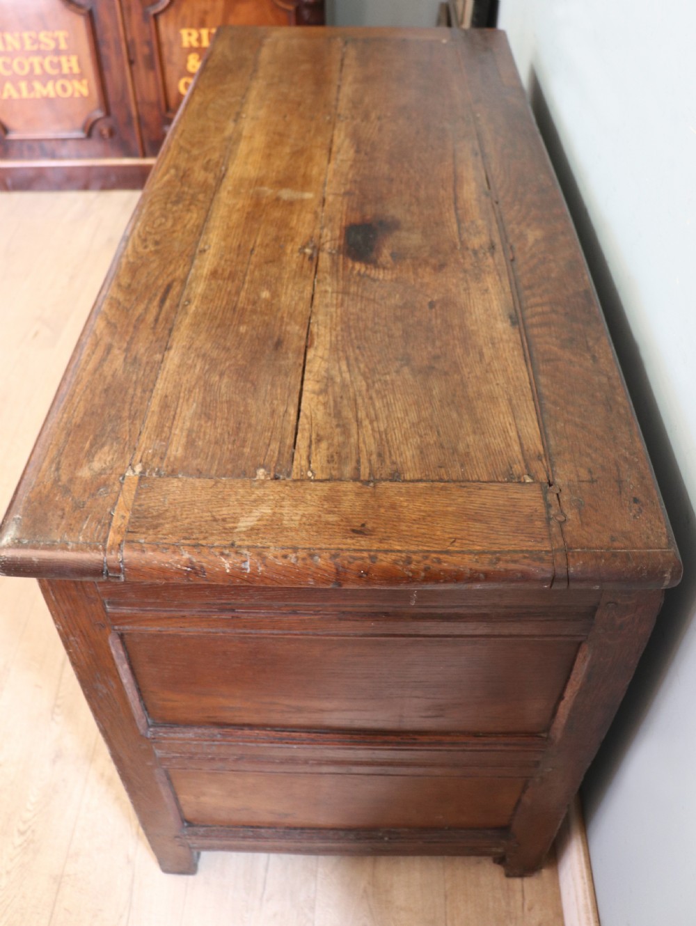 An 18th-century dark oak coffer with a hinged top lid, a carved upper frieze, and panelled lower drawers featuring brass drop handles. View V