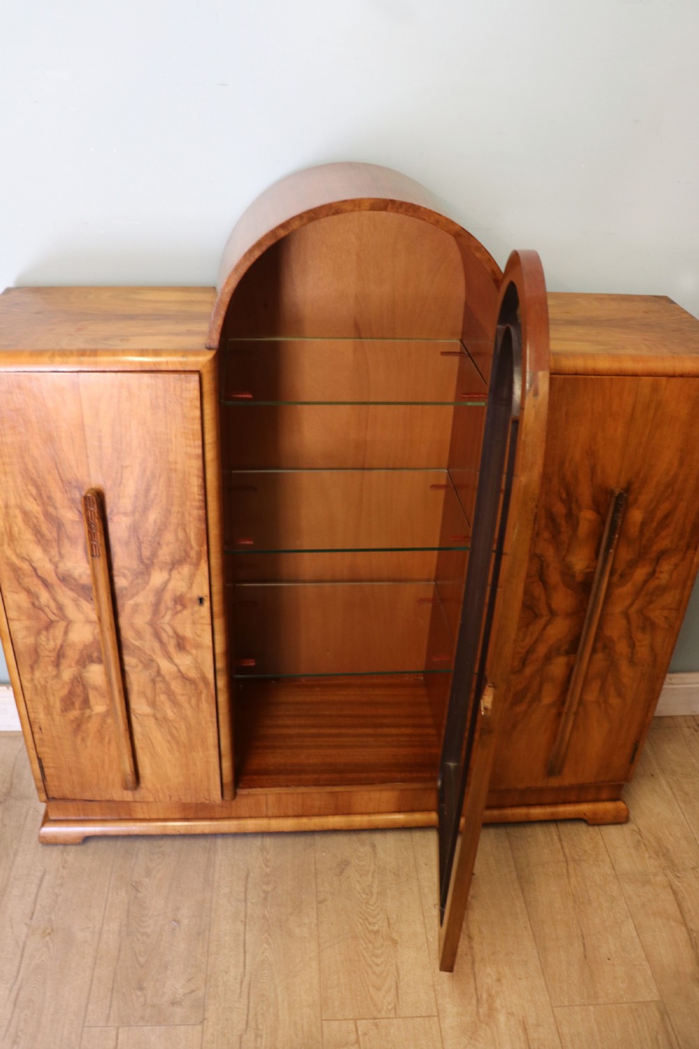 An absolutely lovely & unusual early 20th century walnut veneered side or display cabinet. View II