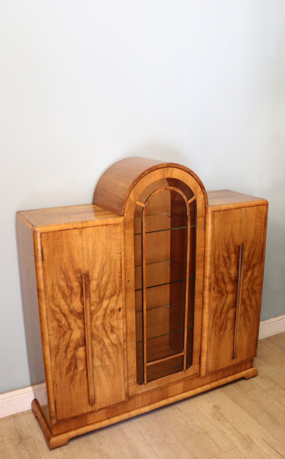 An absolutely lovely & unusual early 20th century walnut veneered side or display cabinet. View III