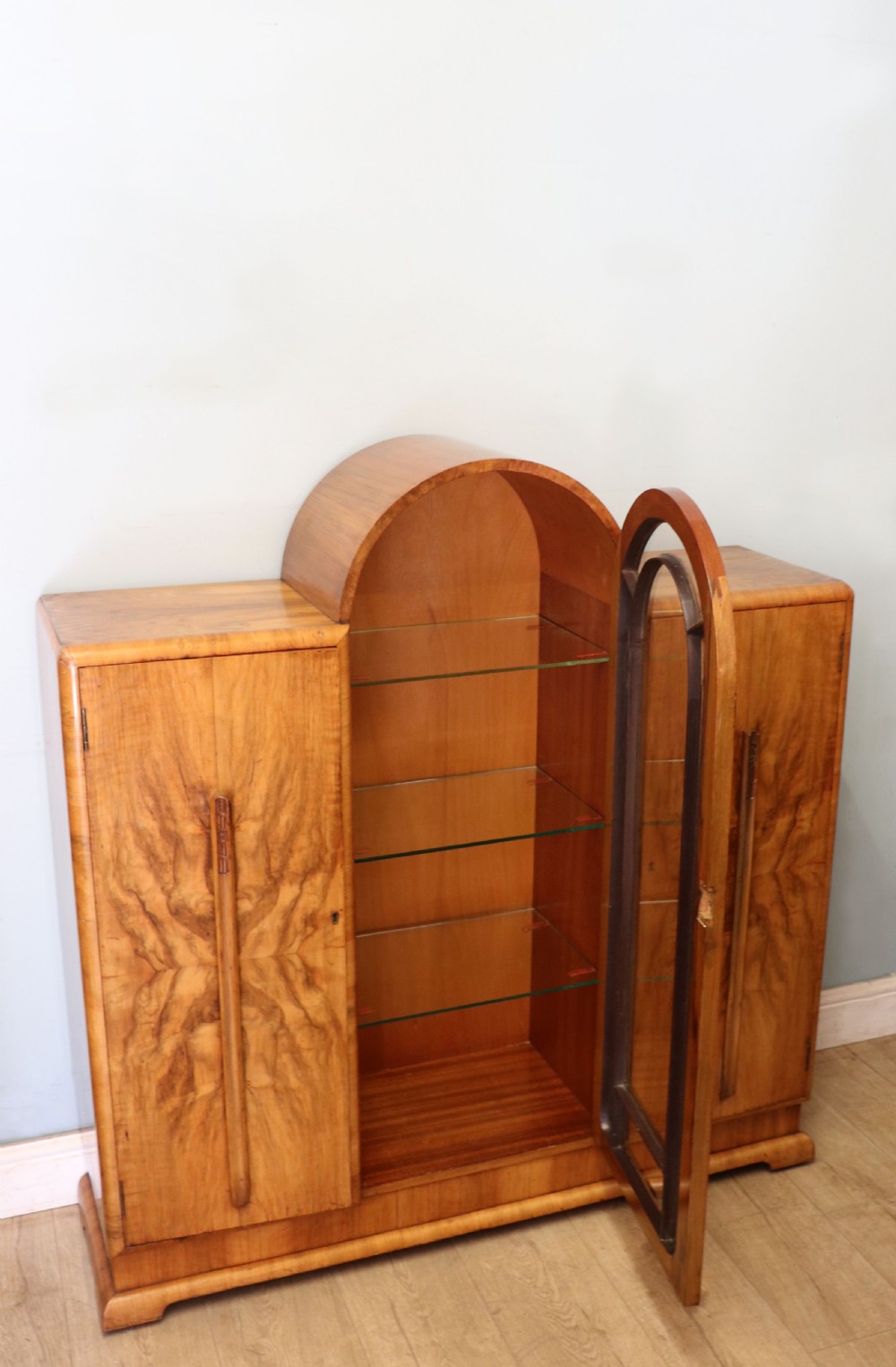 An absolutely lovely & unusual early 20th century walnut veneered side or display cabinet. View IV