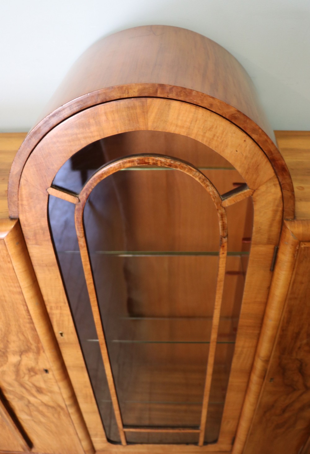 An absolutely lovely & unusual early 20th century walnut veneered side or display cabinet. View VII