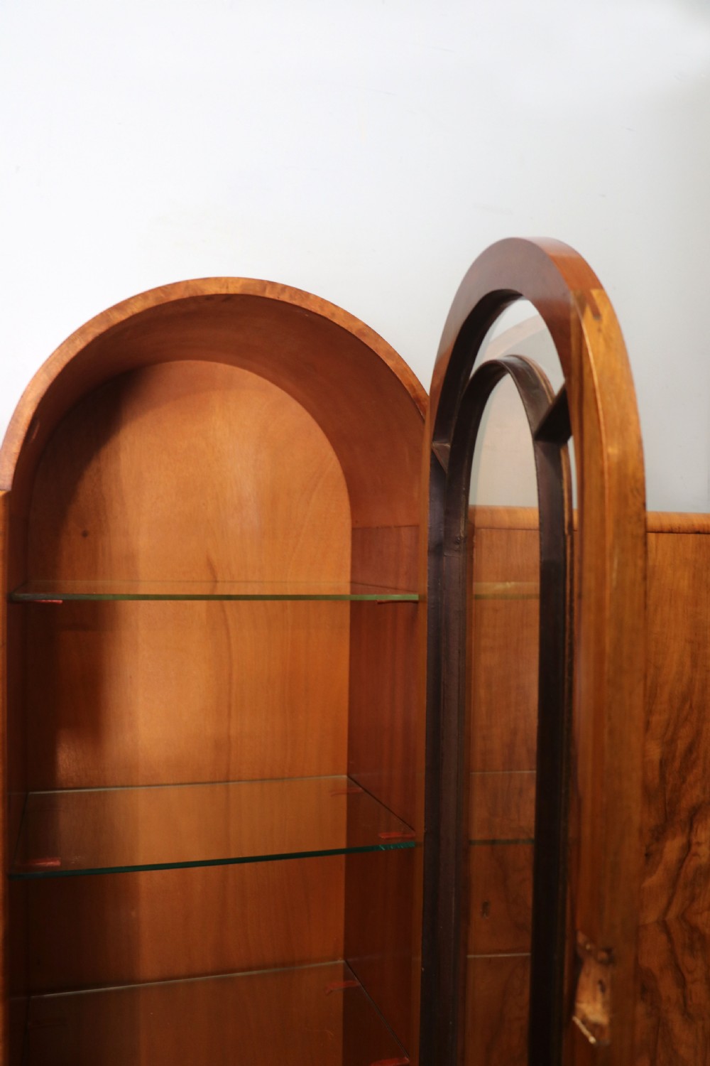 An absolutely lovely & unusual early 20th century walnut veneered side or display cabinet. View IX